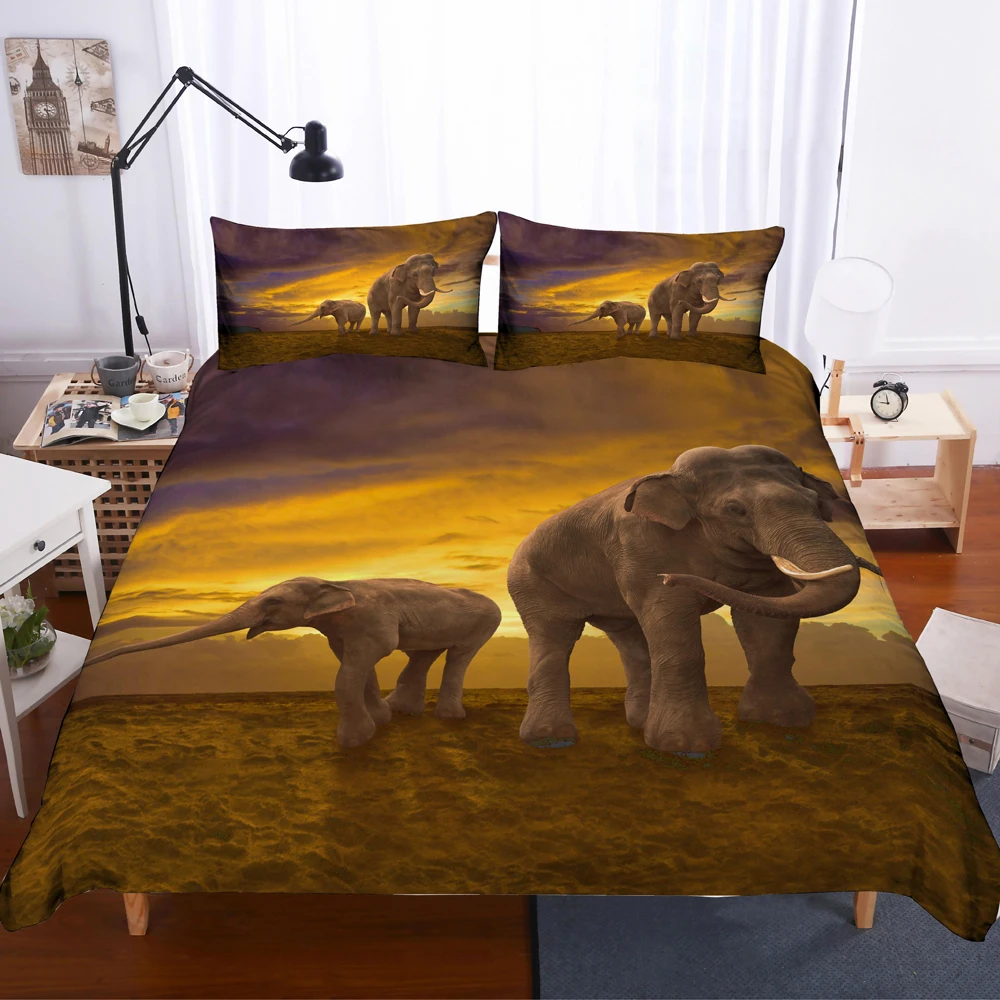 Elephant Mother and Child Bedding Set Bedroom Decor 100% Microfiber Soft Hypoallergenic Zipper 1PC Duvet Cover with Pillowcases | Дом и сад