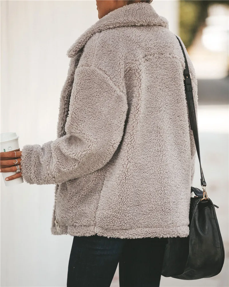 Плотная теплая куртка с искусственным мехом на молнии Женская флисовая куртка верхняя одежда женская однотонная уличная одежда зима-осень пальто с отложным воротником