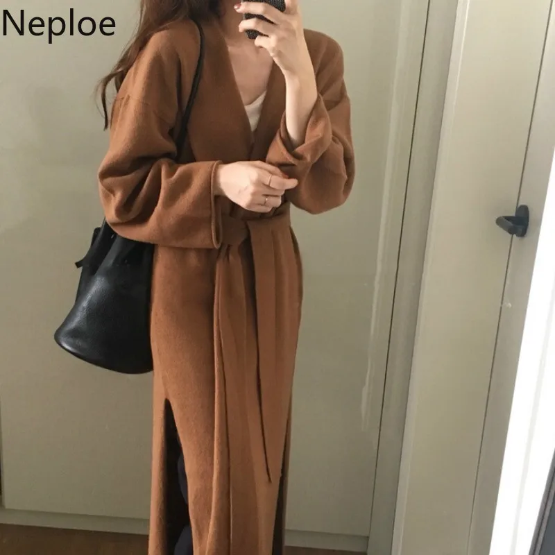 Женский свободный кардиган с длинным рукавом Neploe вязаный свитер на шнуровке