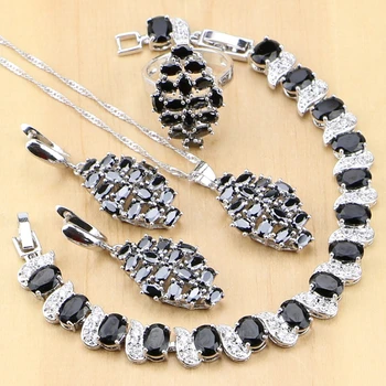 

Cute 925 Sterling Silver Jewelry Black Zircon White CZ Jewelry Sets For Women Party Earrings/Pendant/Necklace/Rings/Bracelet