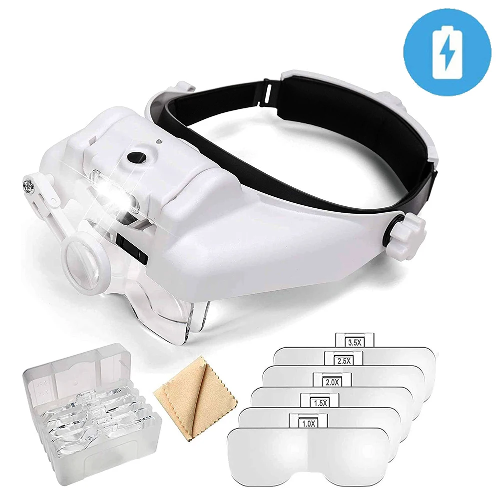 Yoctosun LED Head Magnifier Rechargeable Hands Free Headband Magnifying Glass with 2 LED Professional Jeweler's Loupe Light Bracket and Headband