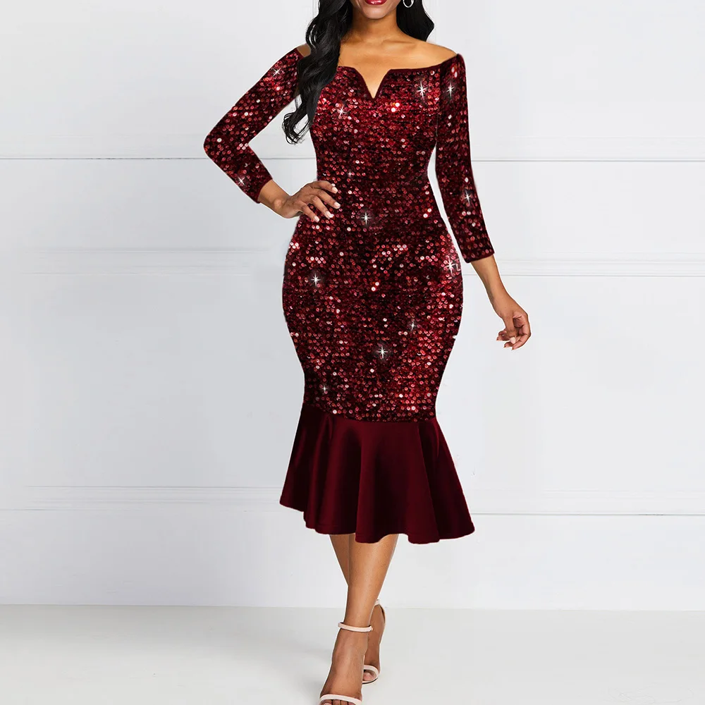 

Shiny Evening Off Shoulder Dress Women Bodycon Mermaid Ruffles Burgundy Plus Size Elegant Glitter Sequin Midi Party Dress Ladies