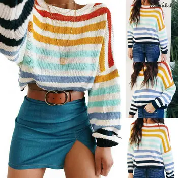 

Spring Autumn Womens Casual Long Sleeve Multicolor Striped O-Neck Sweater Ladies Knitted Casual Jumper Pullover