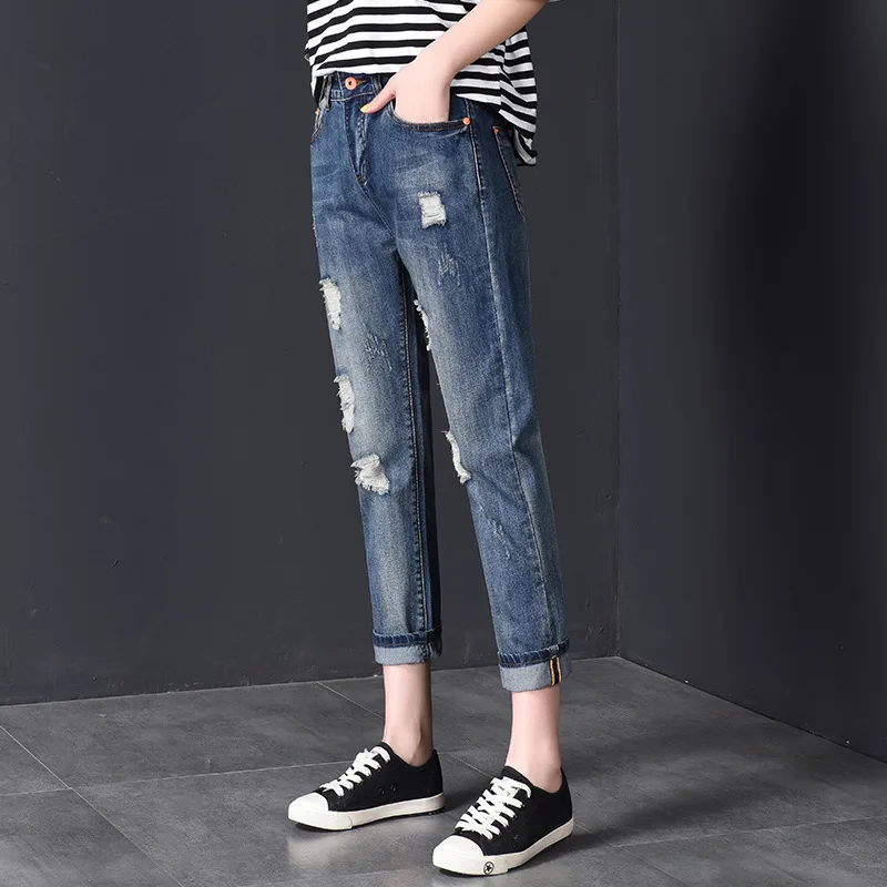 Jeans woman Pencil Pants Stretch Hole High Waist Slimming Ankle-Length Pants Women Jeans 2020 Summer