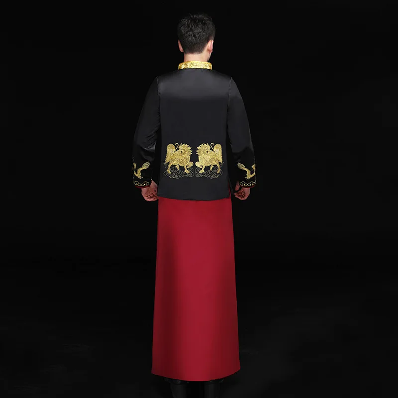 Мужской красный cheongsam тост костюмы костюм жениха куртка длинное платье Традиционный китайский стиль Свадьба Qipao для мужчин вышивка Тан костюм