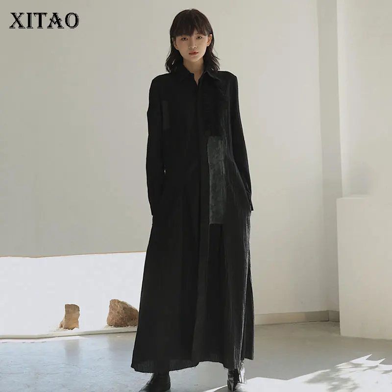 

XITAO Thin Pleated High Waist Dress Women Clothes 2019 Turn Down Collar Pocket Black Mesh Single Breast Casual Dress GCC1800