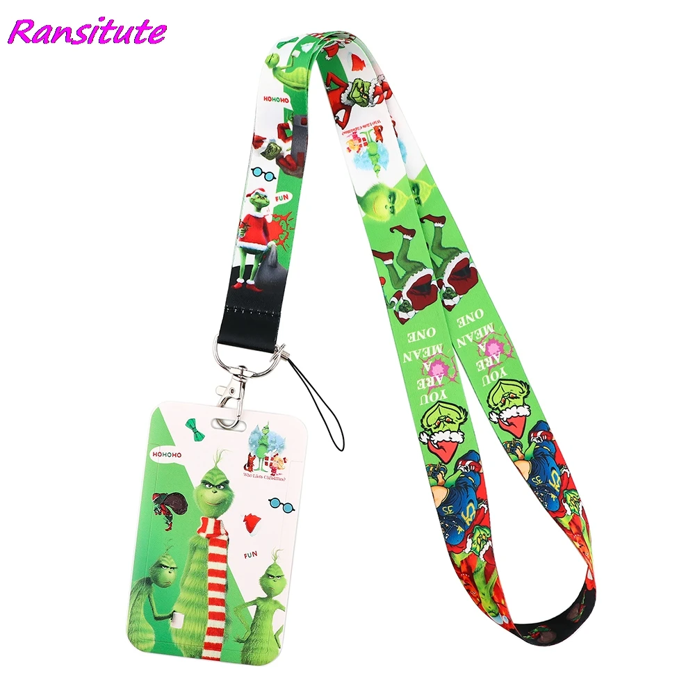 cute art lanyard for keys chain badge holder id credit card pass hang rope lariat mobile phone charm accessories gifts wholesale Ransitute R1962 Cartoon Christmas Green Monster Lanyard Kids Gifts For Key Neck Strap Lanyard Card ID Badge Holder Hang Rope