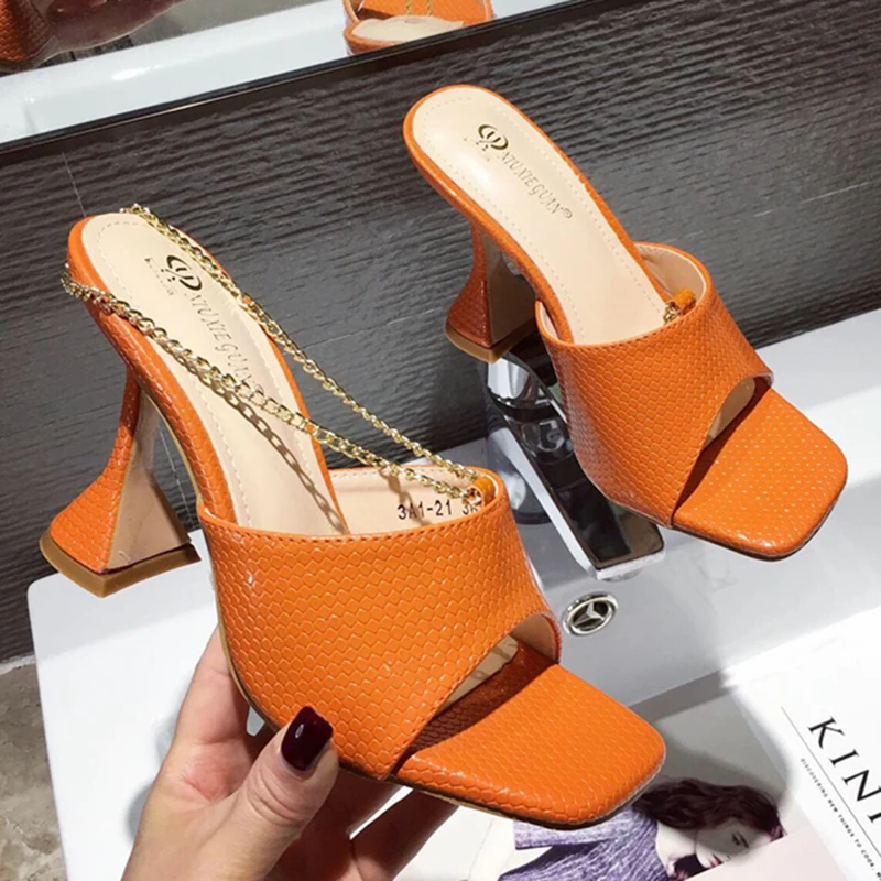 orange heeled mules