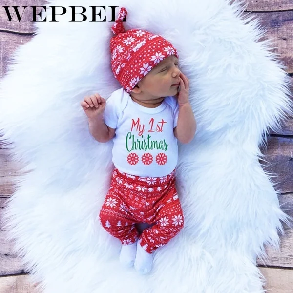 WEPBEL/комплект из 3 предметов; комбинезон с длинными рукавами для малышей; штаны; шапка; милая модная одежда для маленьких мальчиков и девочек; одежда для первого Рождества