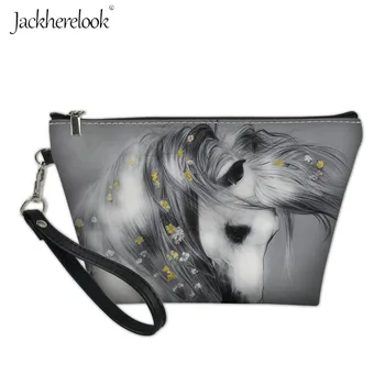 

Jackherelook White Crazy Horse Print Cosmetic Bag Outdoor Travel Storage Pouch for Female Gray Brown Animal Design Makeup Bags