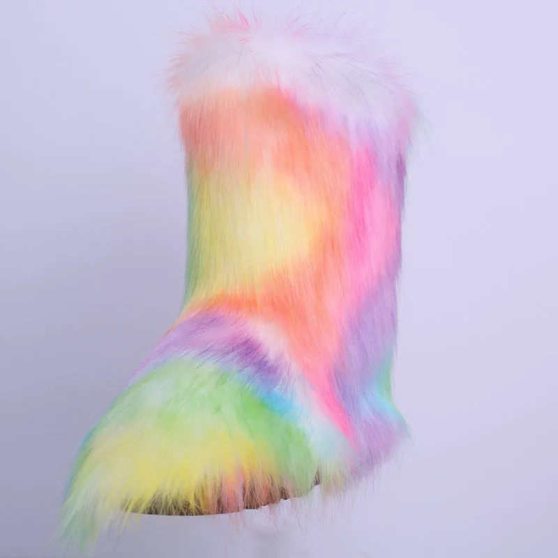 Популярные женские зимние ботинки на меху; лисий мех; радужные ботинки; женские плюшевые ботильоны на плоской подошве; Модные женские теплые зимние ботинки; обувь на платформе - Цвет: Rainbow color