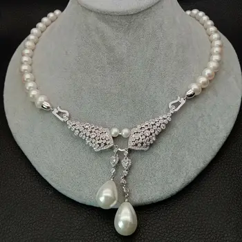 

20" Cultured White Pearl Necklace Sea Shell Pearl CZ Pendant