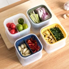 Drain Fresh Box Compartmentalized Onion Storage Box Kitchen Sealed Box Refrigerator Fresh-keeping Storage Box Green Yellow Blue