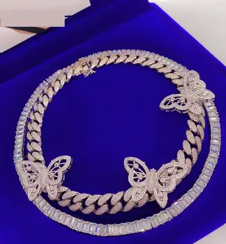 

Silver color iced out bling 5A cz 12mm cuban chain big butterfly charm choker necklace 15" 16" 2020 new buttefly women jewelry