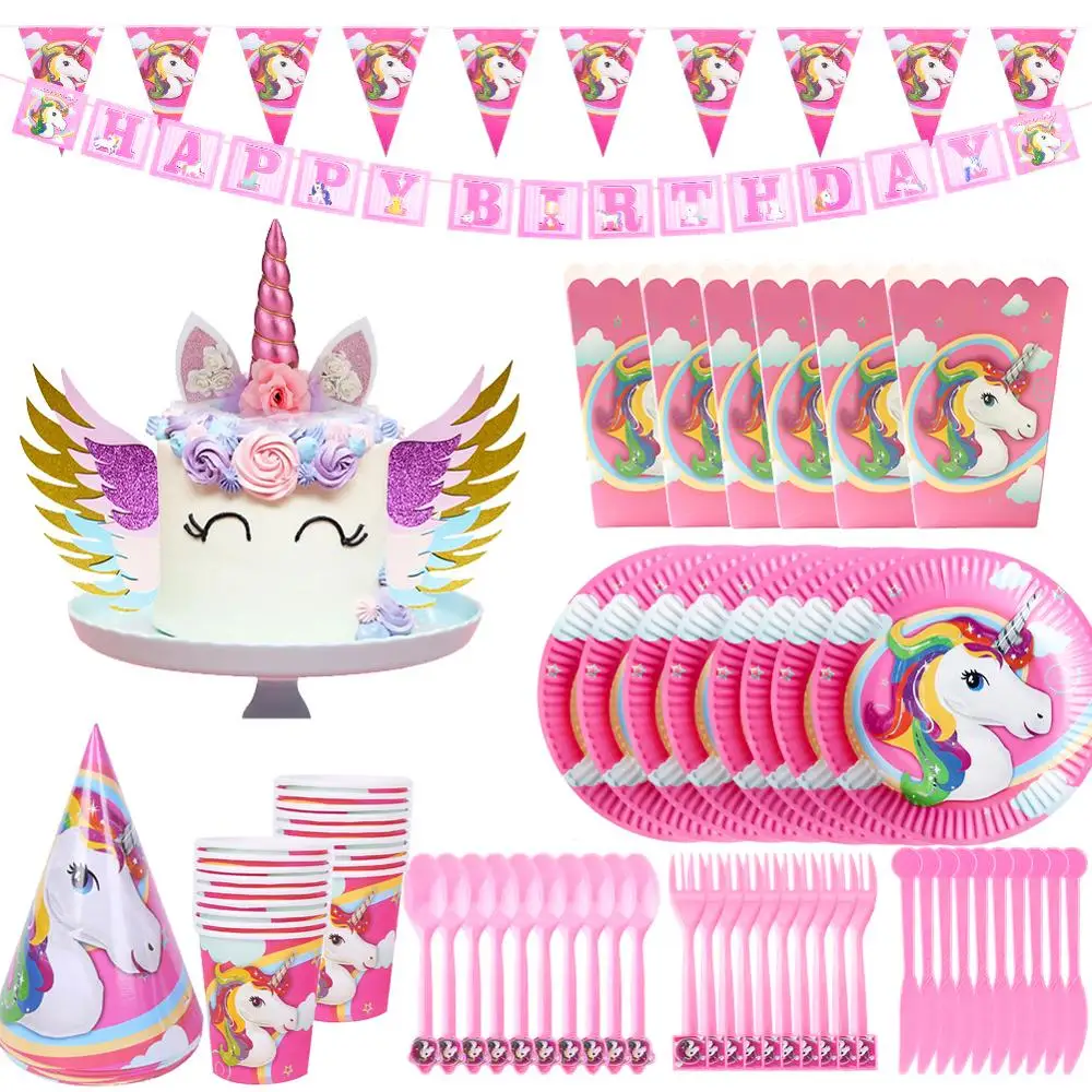 

Unicorn Party Decor Pink Unicorn Birthday Table Disposable Tableware Kits Cake Toppers Child Party Birthday Decoration for Home