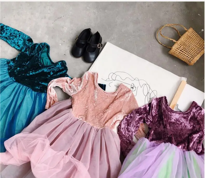 Коллекция года, осенние модные бархатные сетчатые платья для девочек, принцесса детское милое платье 6 шт./партия