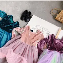 Коллекция года, осенние модные бархатные сетчатые платья для девочек, принцесса детское милое платье 6 шт./партия