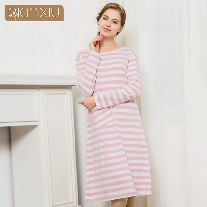 Qianxiu Spring And Autumn Popular New Women Pure Cotton Round Neck Long Sleeve Comfortable Nightdress Girl Sexy Nightgown | Женская