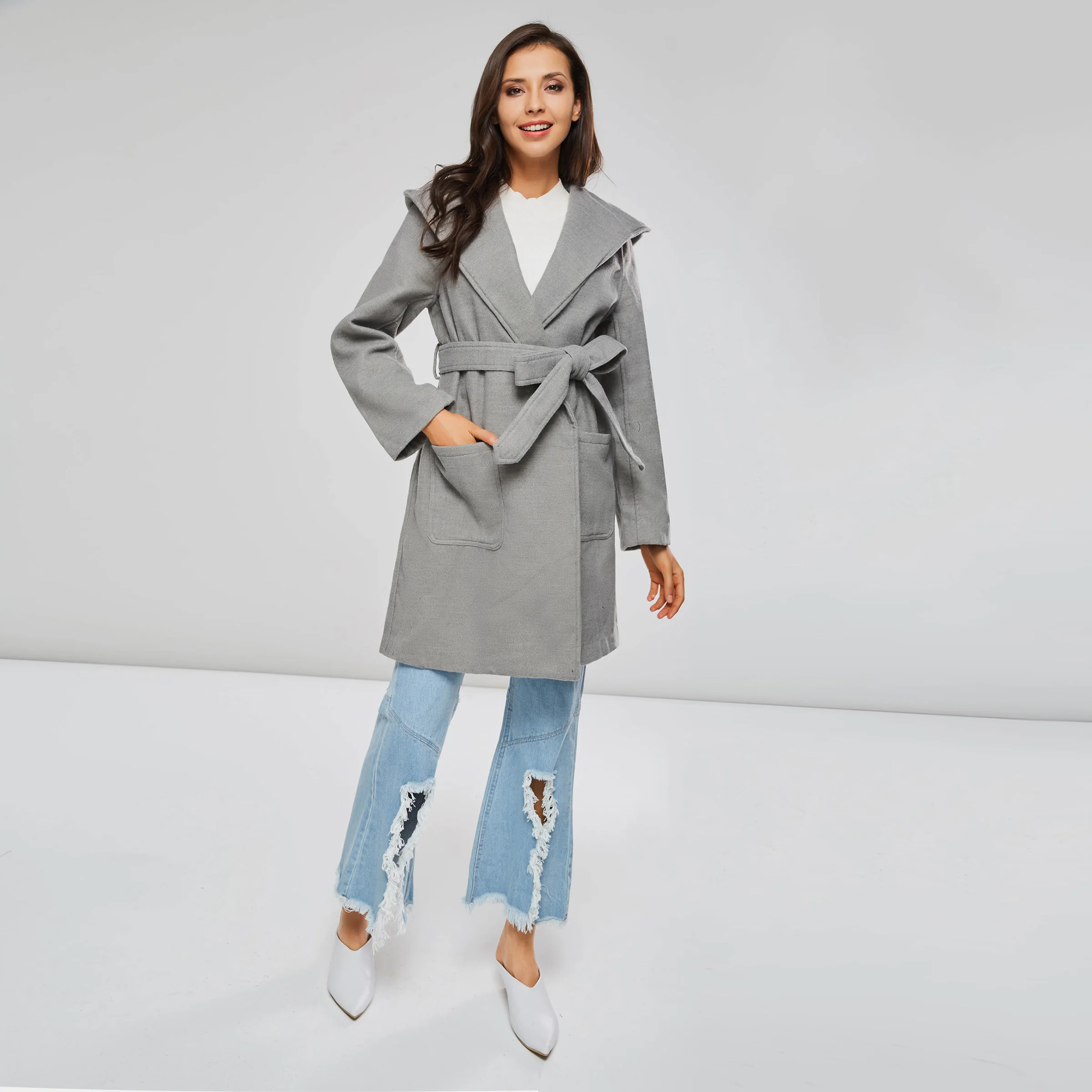 

Kinikiss 2018 new women coat gray winter hooded jacket solid elegant hot sale cape fashion overcoat autumn long sleeve