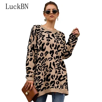 

Women Leopard Knitting Sweater Animal Printed Pullovers Autumn Winter 2019 Fashion Jumpers Ladies Tops Vintage Casual Sweaters