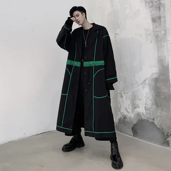 

Male Women Couple Streetwear Hip Hop Long Jacket Windbreaker Outerwear Trenchcoat Men Green Edging Loose Casual Trench Coat