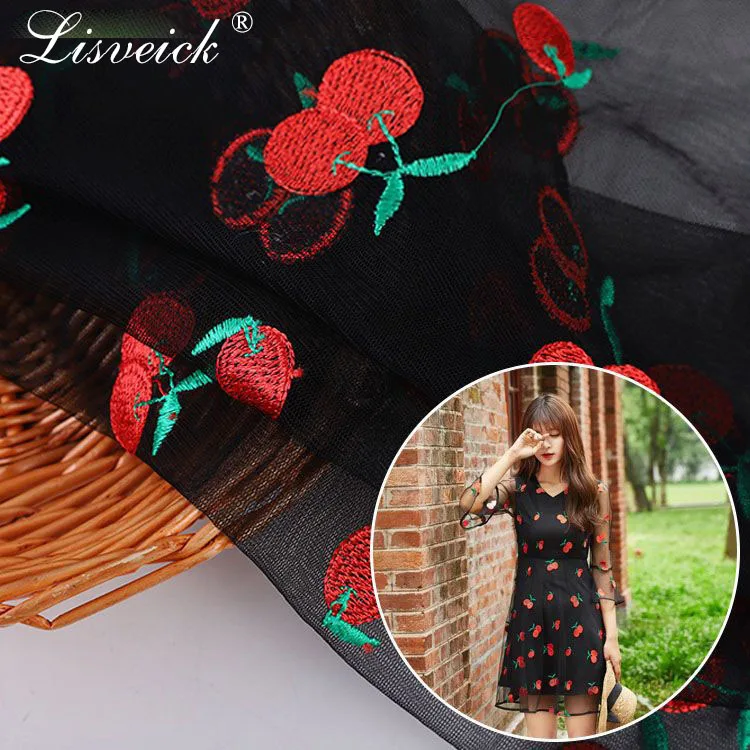 1 метр, 135 см, чистая пряжа, вышивка, вишневый рисунок, сетчатая кружевная ткань, платье, сетчатая ткань, сделай сам, женское платье, детская одежда, ткань