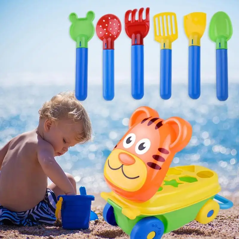 discounted  Cartoon Tiger Shape Trolley Sand Beach Pretend Play Toys Spade Storage Case