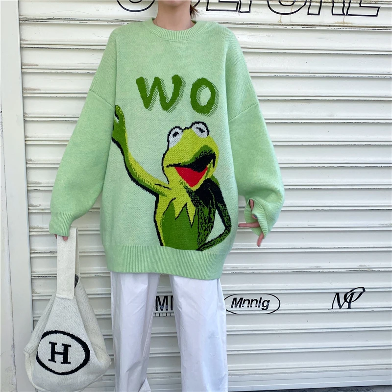 Свитер с лягушкой из мультфильма, Женский вязаный джемпер большого размера, Свободный пуловер с длинным рукавом, пуловеры с надписями, зеленый цвет, Осень-зима, корейский стиль, винтажный, W154