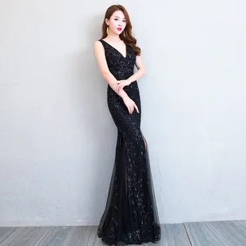 

BLACK Sequins Improved Cheongsam Elegant High Split Mermaid Dresses Deep V-Neck Sexy Women Evening Party Dress Gown Vestidos