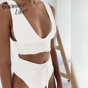 

Deep v-neck swimwear women High waist bikini set Solid bathing suit 2019 Fashion summer bathers Knot swimsuit female biquini new