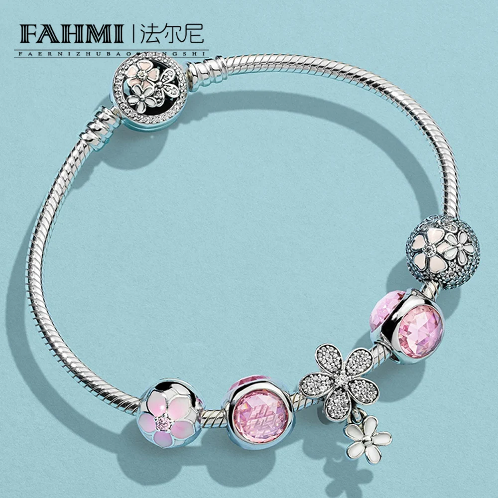 

FAHMI 100% 925 Sterling Silver MAGNOLIA POETIC BLOOMS FIXED CLIP Pink Radiant Droplet Dazzling Daisy Duo Charm Bracelet Set