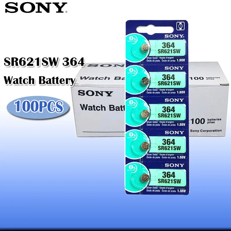 100 шт. Sony 364 100% оригинальный 1 55 в серебряный оксид часовая батарея SR621SW V364 SR60 SR621 AG1