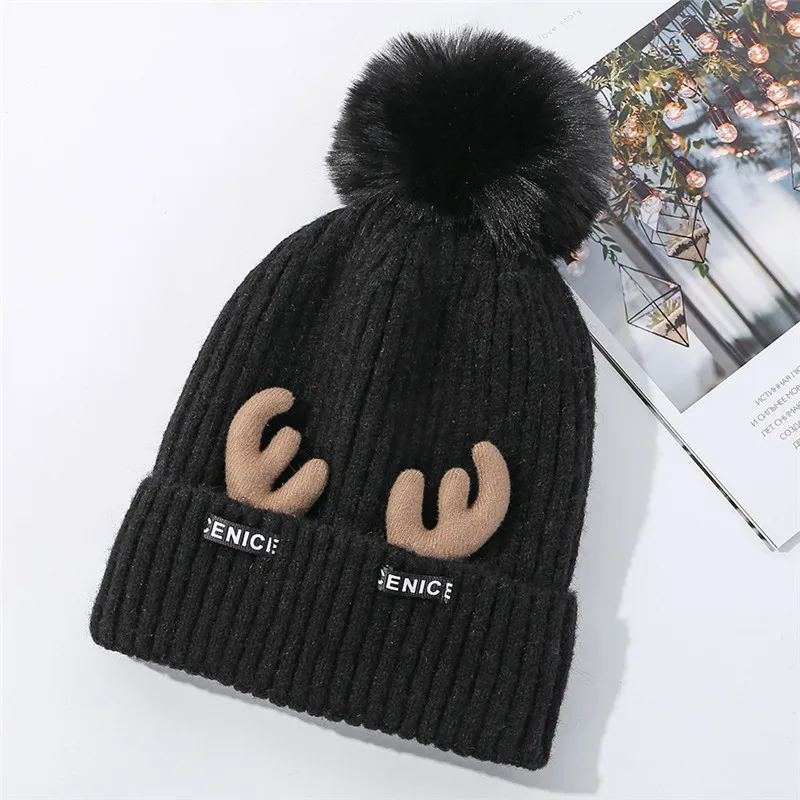 USPOP, новинка, зимние женские шапки skullies, милые вязаные шапки с пряжкой, женские толстые теплые женские шапочки с помпоном, шапки - Цвет: Черный