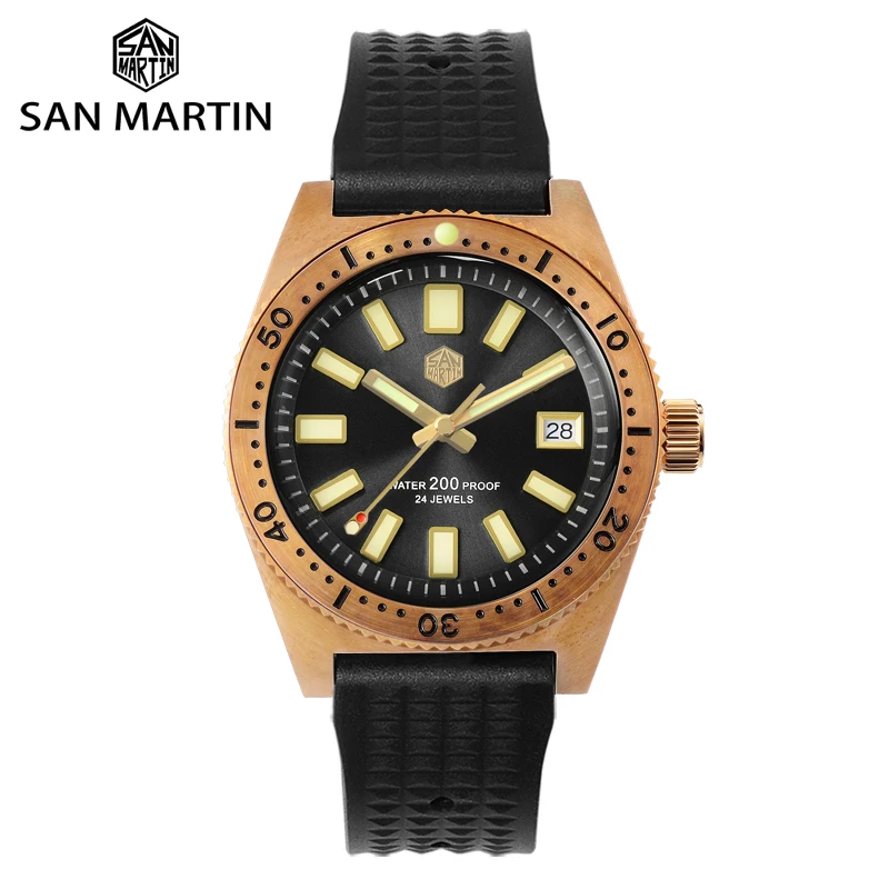 Men Watches Bronze San Martin Automatic Mechanical 62mas Cusn8 NH35 Date Sapphire-Rubber