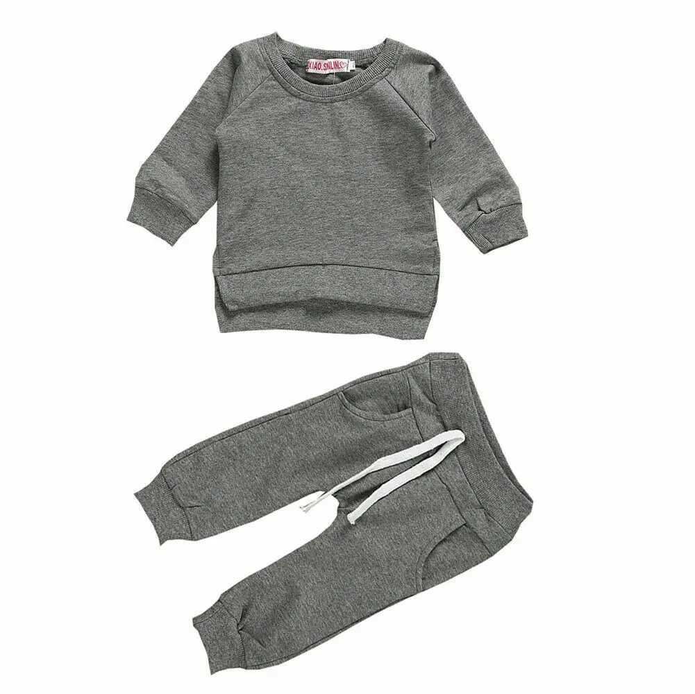 Коллекция года, весенне-осенняя одежда для малышей, свитер футболка с длинными рукавами для новорожденных и детей топ+ длинные штаны 2 предмета, твердые наряды, одежда - Цвет: Серый