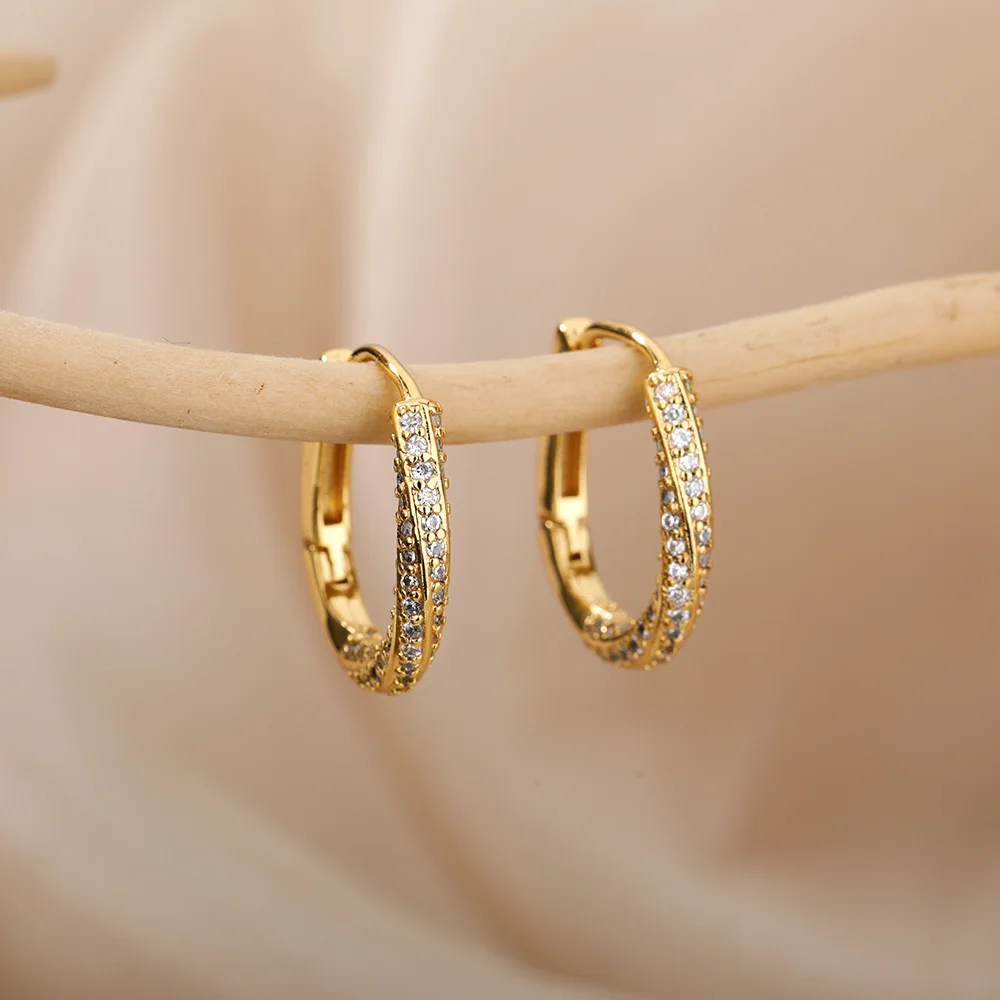 Geometric Irregular Hoop Earrings For Women Stainless Steel Zircon Hoops Gold Silver Color Round Earring Anti-allergy Jewelry