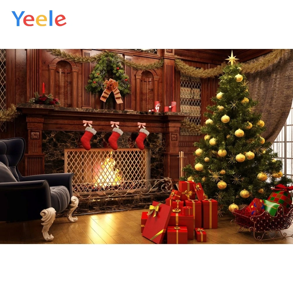 Christmas Backdrop Fireplace Sock Tree Vintage Interior Vinyl Photography Background For Photo Studio Photophone Decoration Prop