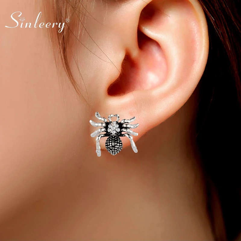 SINLEERY в винтажном стиле Стразы Паук Серьги гвоздики для женщин античное серебро