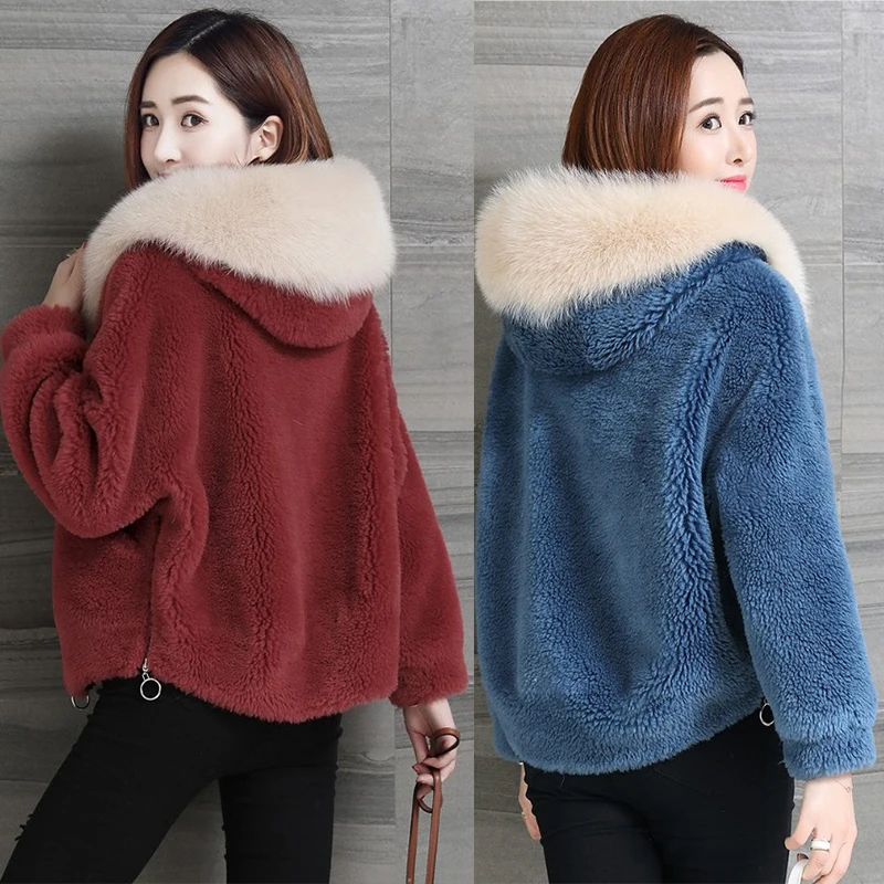 2021 Winter Coats Women Faux Fur Coat with A Hooded Fluffy Artificial Jacket and Puls Size Wine Red Blue Beige | Женская одежда