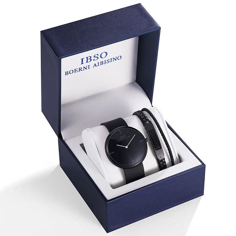 Бренд IBSO, мужские кварцевые часы-браслет, набор, спортивный круглый циферблат, кварцевые наручные часы, силиконовый ремешок, водонепроницаемые часы, подарочный набор - Цвет: B8306BK-SL010-B4