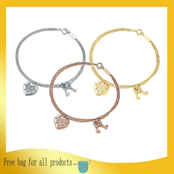 

Zircon Heart & 2 Keys Bracelets for Women Girl Ladies Valentine Gift Hot Sale 1:1 S925 Sterling Silver Brand Jewelry