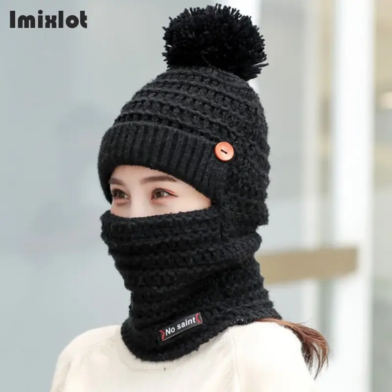 Зимние вязаные шапочки шапки женские толстые теплые шапочки Skullies шапка женская помпон Кнопка капот Шапочки Шапки уличные наборы для езды на велосипеде