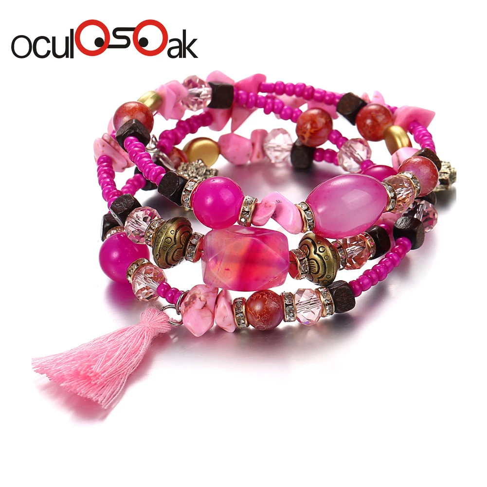 pink New Vintage Multilayer Tassel Bracelets Bohemian Resin Stone Bead Bracelets& Bangles Pulsera Ethnic Jewelry Party For Women - Окраска металла: pink