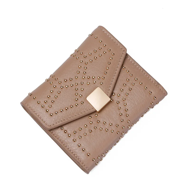 Натуральная кожа кошелёк женский маленький cartera mujer заклепки мини кошелек карта монета дизайнерский бренд женские кошельки зеленый черный абрикос