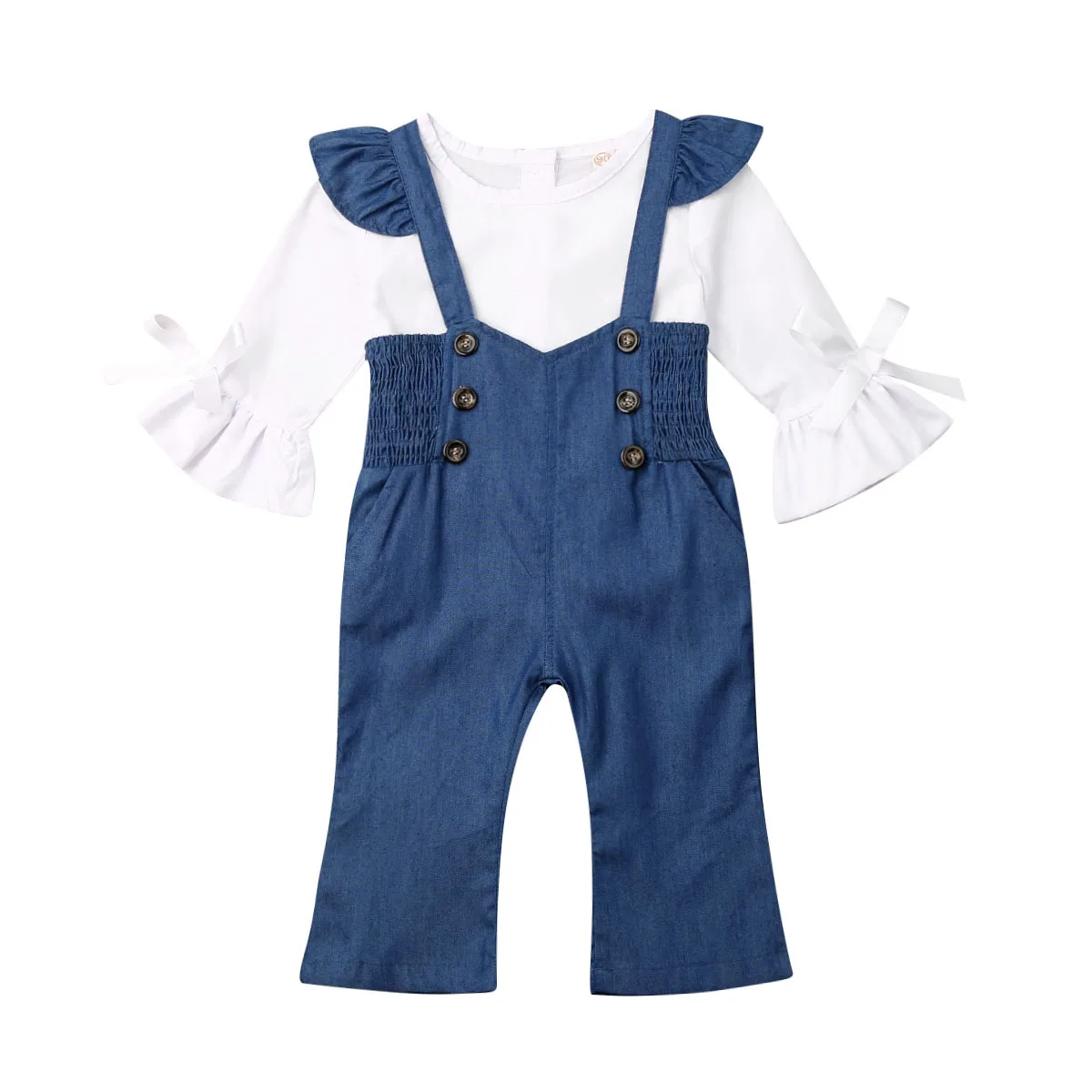  2019 Newborn Girl Flare Sleeve Top Fly Sleeve Strap Trousers Jeans baby girl square sleeve casual s