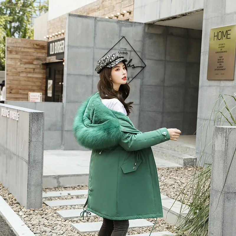 green Rlyaeiz/ новое пальто высокого качества женские зимние куртки с капюшоном из овечьей шерсти теплая одежда с большим меховым воротником Зимняя парка пальто - Цвет: green