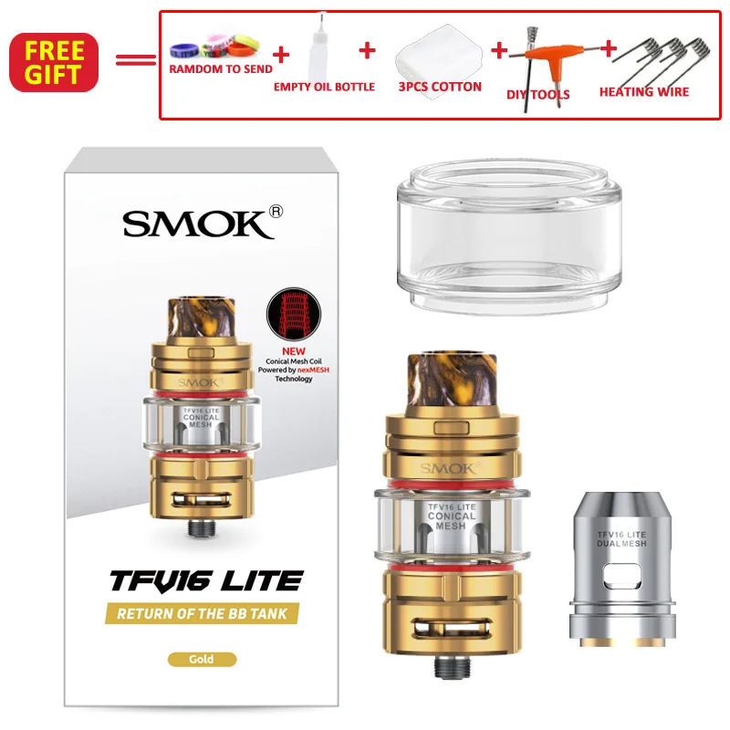 Резервуар SMOK TFV16 lite с конической сеточной катушкой, работающей по технологии nexMesh и двойной сеточной катушкой, емкость 5 мл, 810 смоляный капельный наконечник - Цвет: Gold