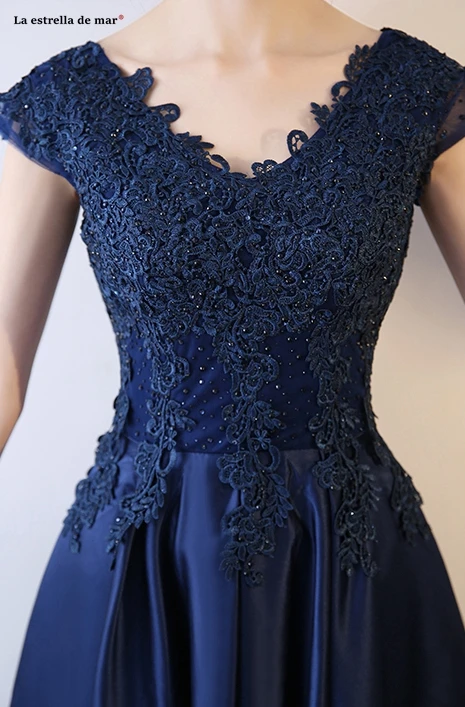 Vestido de festa para casamento Новое Кружевное атласное сексуальное платье трапециевидной формы с v-образным вырезом темно-синего цвета для подружки невесты длинное платье demoiseur d'honneur