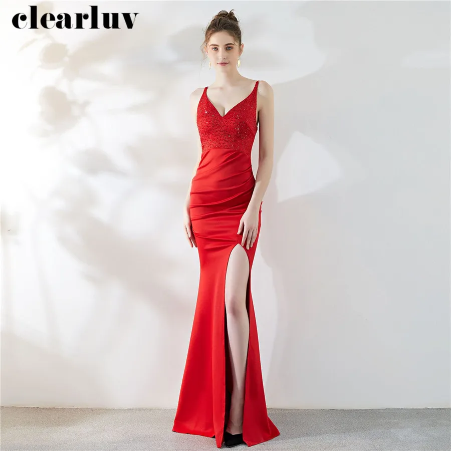 

Elegant Evening Dress Sexy Sling Slim Prom Dress DX324-2 2020 Plus Size Deep V-Neck Robe De Soiree Long Sleeveless Formal Dress