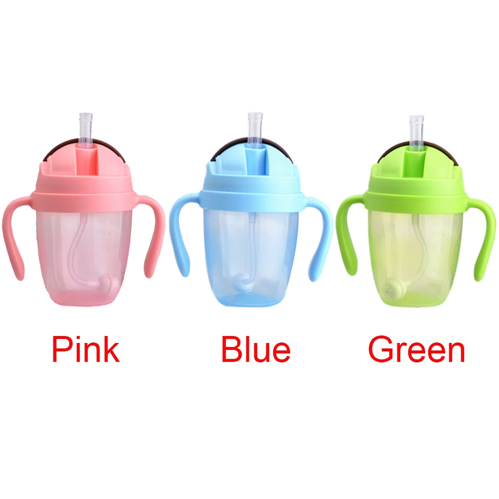 300ml Cups Leakproof Suction Feeding Bottle Portable Non Toxic Straw With Handles Milk Wide Mouth Water PP Training Babies